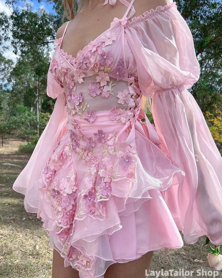 Sweet Off The Shoulder Pink Organza 3D Floral Homecoming Dress