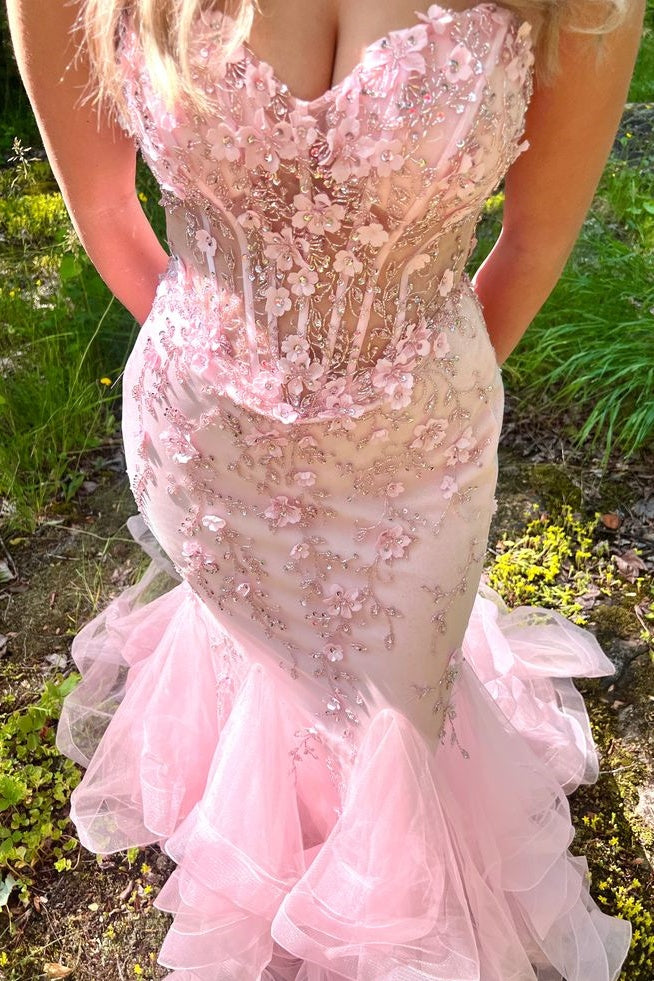 Sweet Pink Beaded Floral Senior Prom Dresses Sweetheart Mermaid Tulle Party Dress,LTP4345