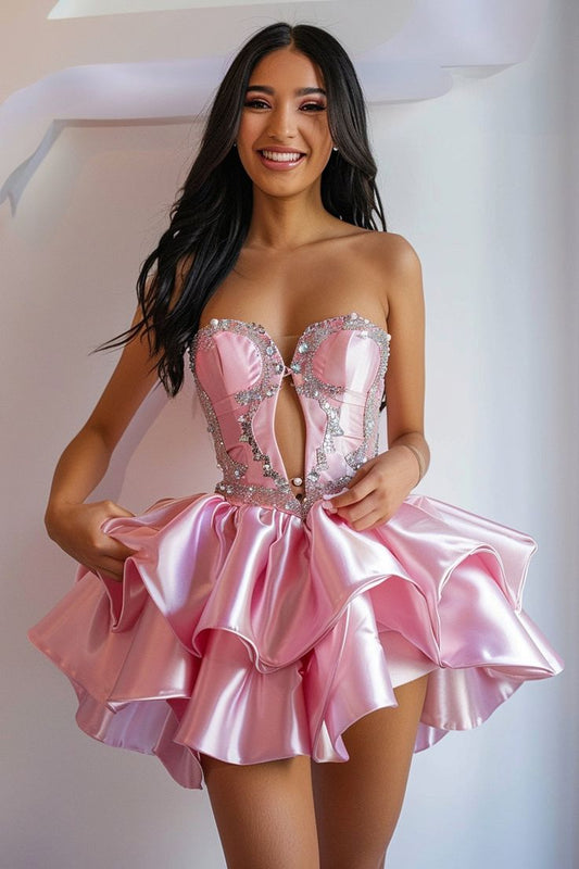 Sweet Pink Beaded Homecoming Dresses Sexy Ruffle Graduation Dress,LTP3837