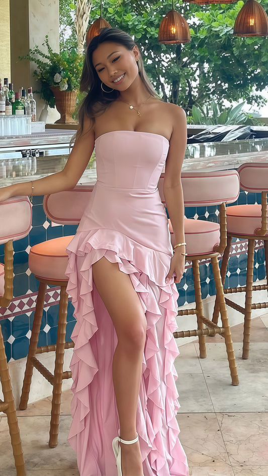 Sweet Pink Bodycon Ruffle Party Dress, Split Strapless Homecoming Dress,LTP3701