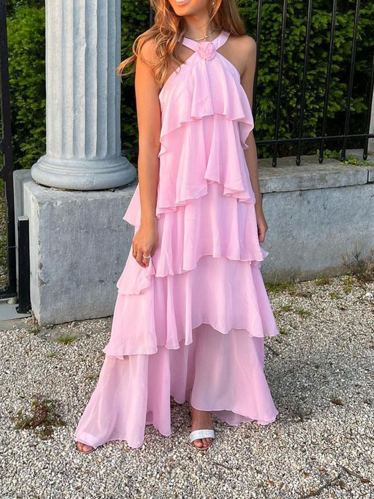 Sweet Pink Chiffon Layers Long Prom Dresses