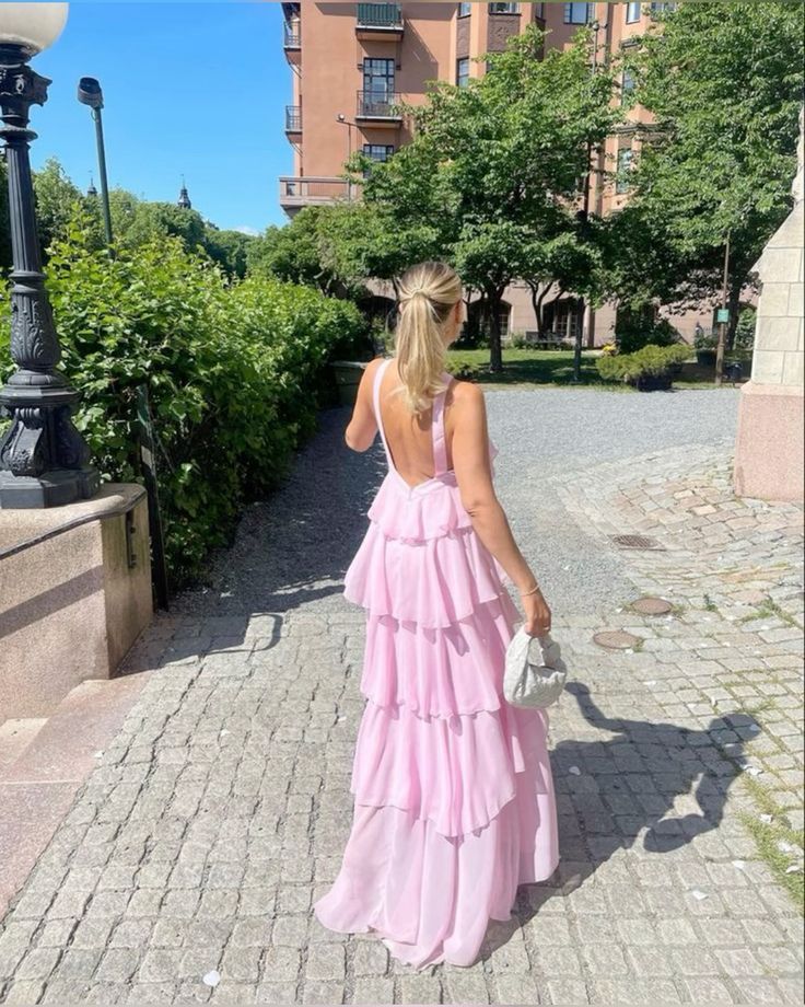 Sweet Pink Chiffon Layers Long Prom Dresses