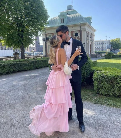 Sweet Pink Chiffon Layers Long Prom Dresses