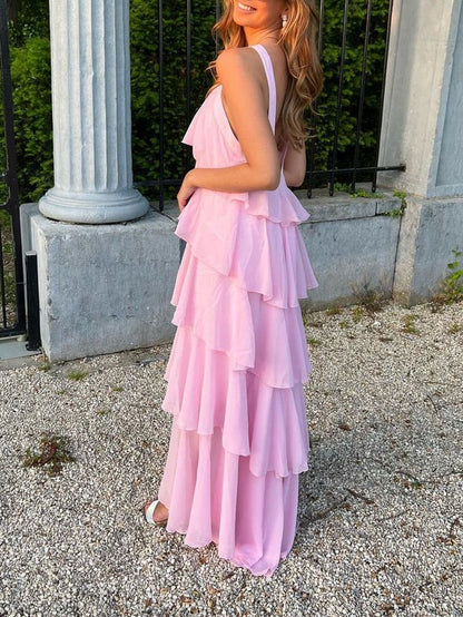 Sweet Pink Chiffon Layers Long Prom Dresses