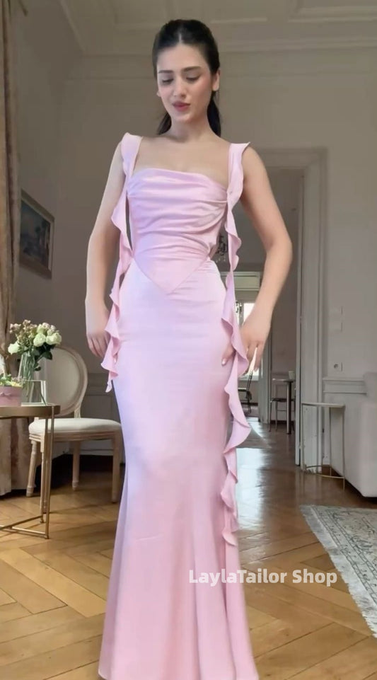 Sweet Pink Ruffle Prom Dresses Bodycon Evening Party Dress,LTP4573
