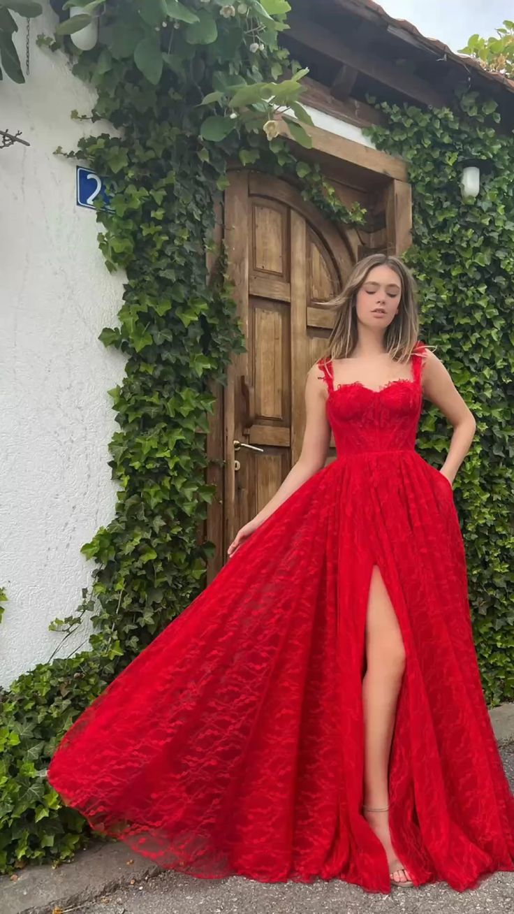 Sweet Red Lace Prom Dress With Side Slit