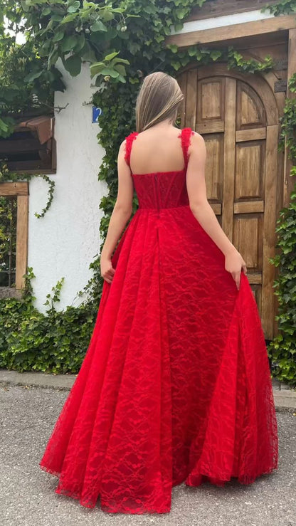 Sweet Red Lace Prom Dress With Side Slit