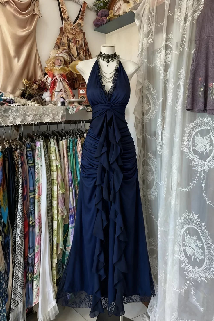 Sweet Black Halter A-Line Chiffon&Tulle Open Back Prom Dresses Birthday Dresses