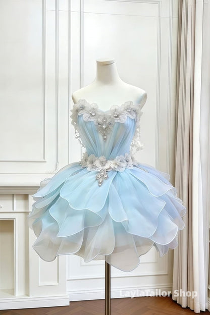 Sweet Ice Blue Floral Birthday Party Dresses Short Homecoming Dress