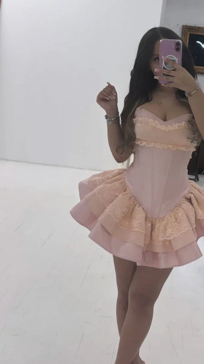 Sweet Pink Homecoming Dresses Lace Ruffle Birthday Party Dress,LTP3853