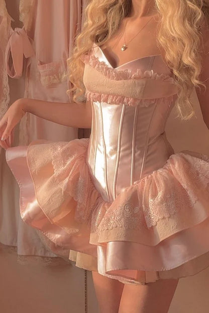 Sweet Pink Homecoming Dresses Lace Ruffle Birthday Party Dress,LTP3853