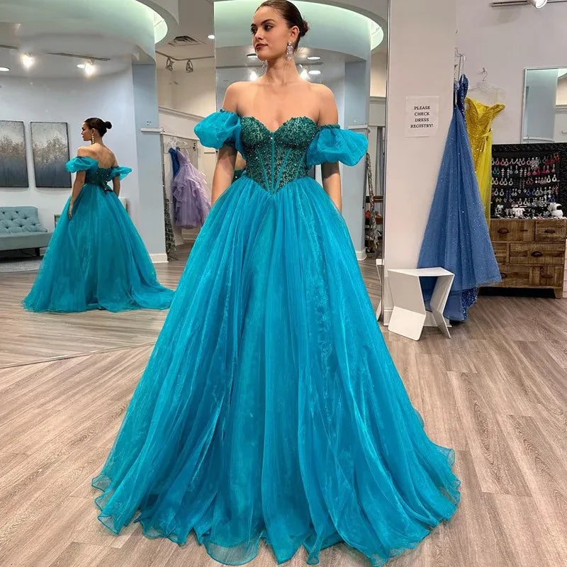 A-Line Organza Beaded Long Prom Dress Evening Formal Gown