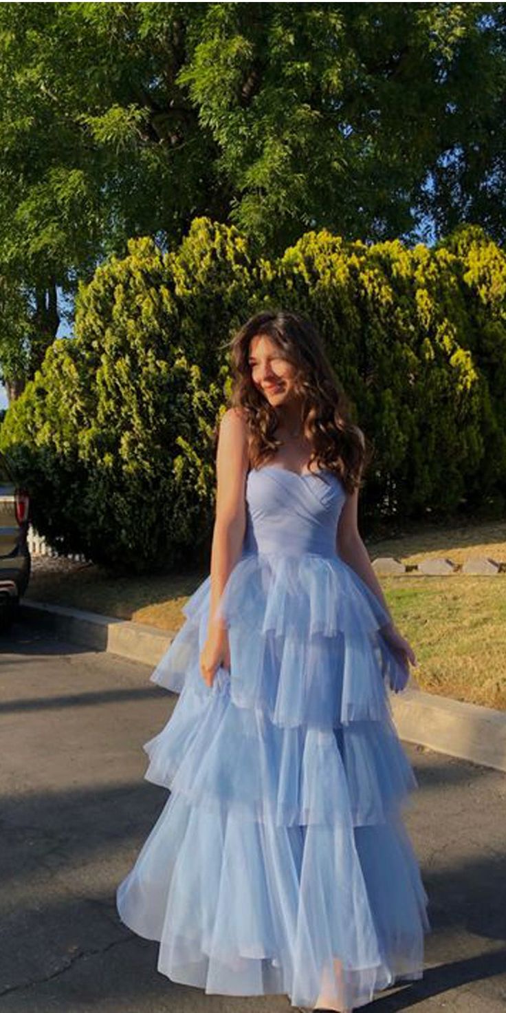 Sweetheart A-Line Evening Gown Tired Ruffles Sky Blue Long Prom Dresses, LTP3221