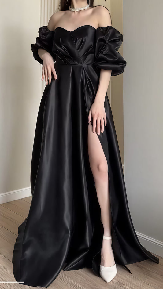 Sweetheart A-line Black Prom Dress With Bubble Sleeves, LTP3485