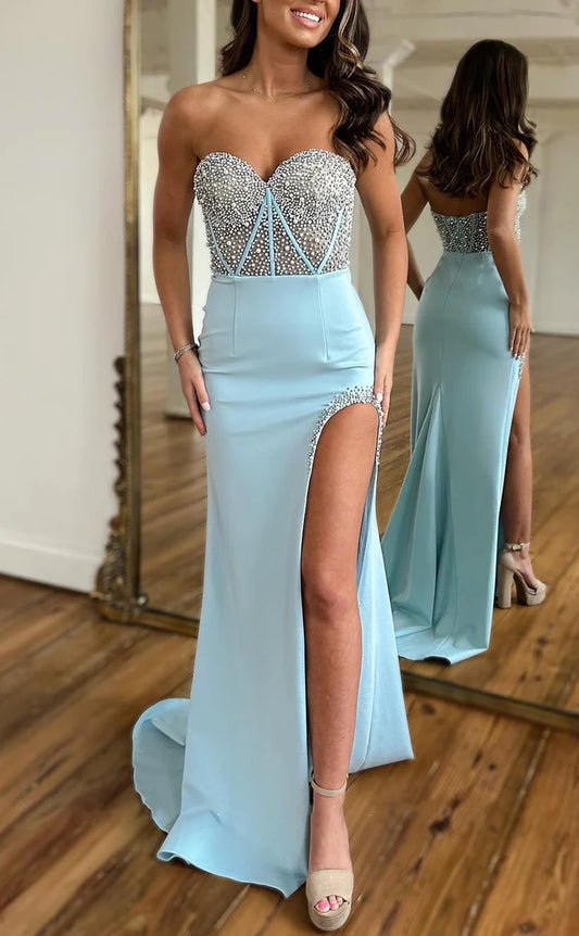 Sweetheart Beaded Bodycon Mermaid Prom Dresses With Side Slit