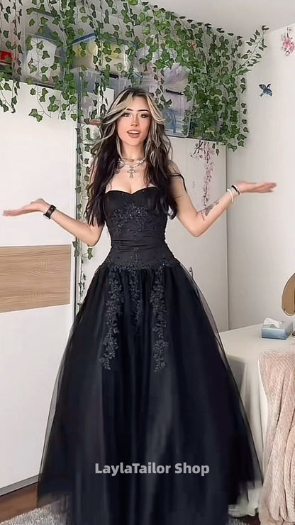 Sweetheart Black A-line Evening Prom Dresses Appliques Beaded Formal Gown,LTP4471