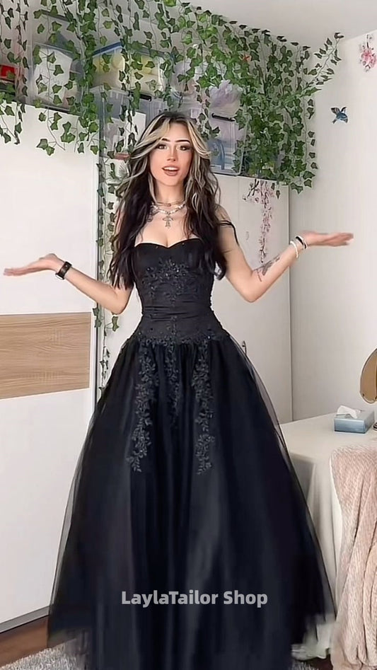 Sweetheart Black A-line Evening Prom Dresses Appliques Beaded Formal Gown,LTP4471