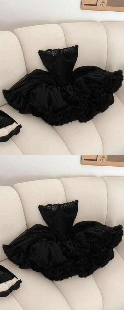 Sweetheart Black Lace Ball Gown Sleeveless Layers Homecoming Party Dress,LTP3852