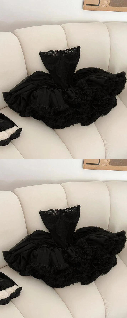 Sweetheart Black Lace Ball Gown Sleeveless Layers Homecoming Party Dress,LTP3852