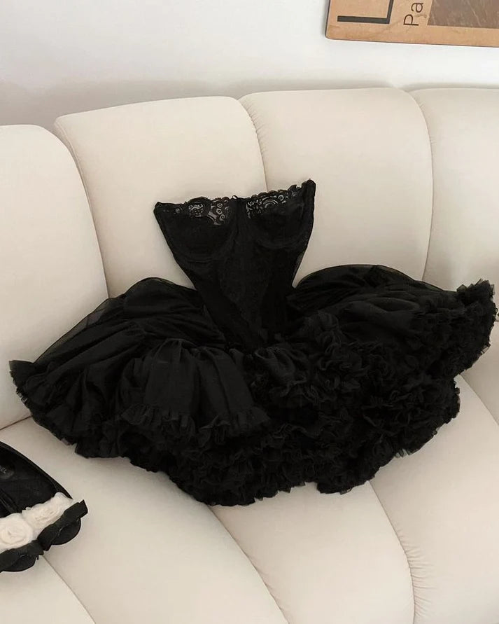 Sweetheart Black Lace Ball Gown Sleeveless Layers Homecoming Party Dress,LTP3852