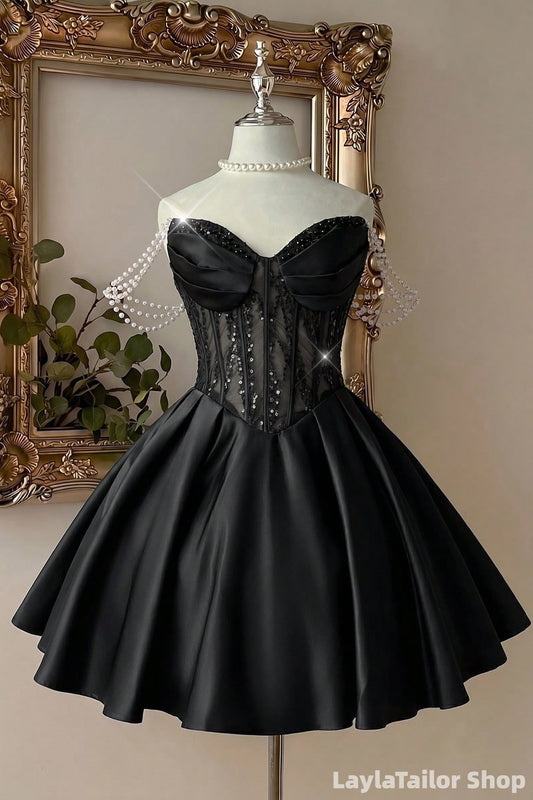 Sweetheart Black Pearl Beaded Appliques Off The Shoulder Homecoming Dress, Short Party Dresses LTP82747
