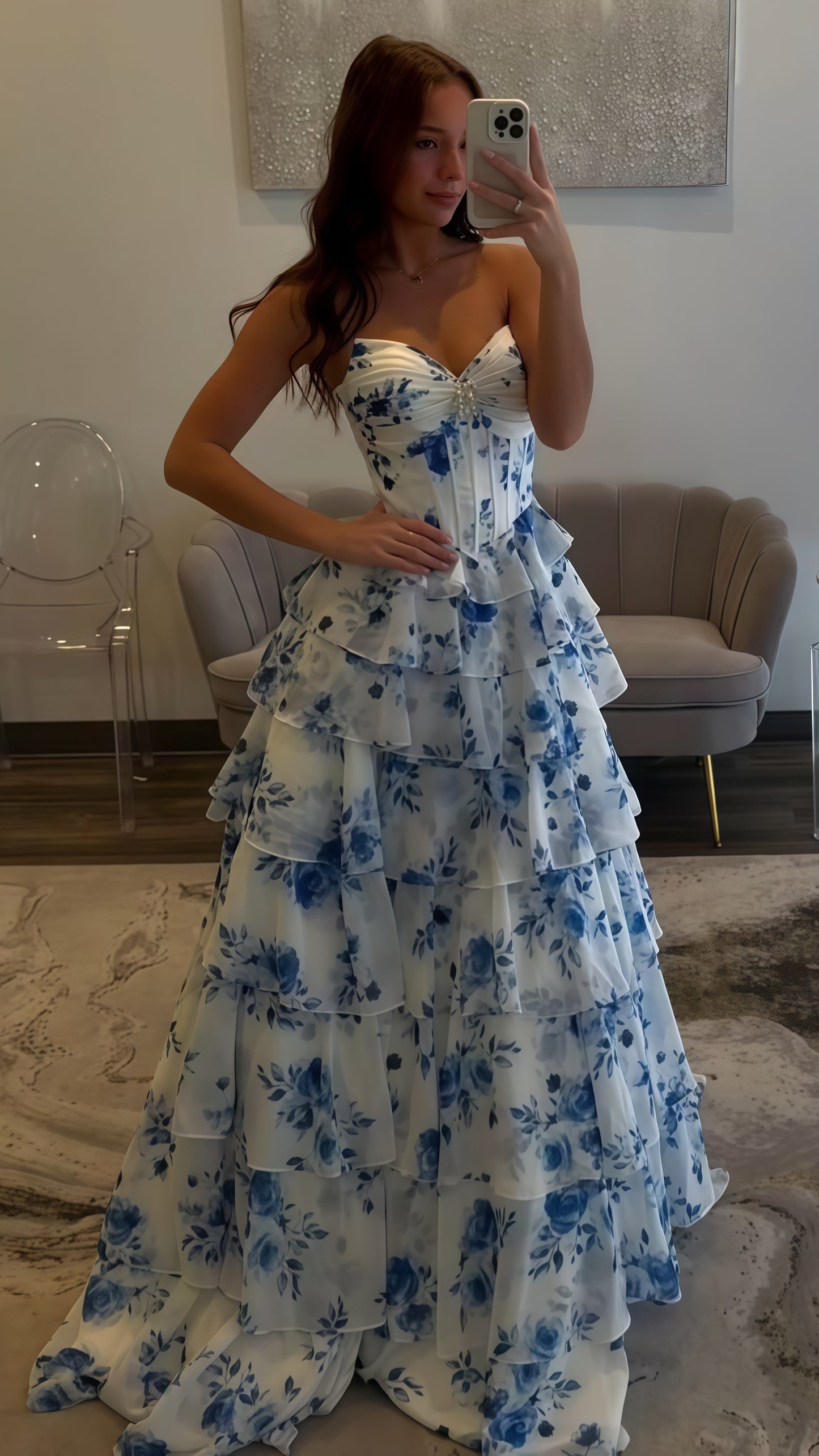 Sweetheart Blue White Floral Chiffon Ruffle Prom Dress Long Evening Party Dress, LTP3655