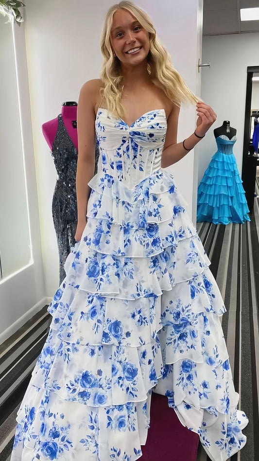 Sweetheart Blue White Floral Chiffon Ruffle Prom Dress Long Evening Party Dress, LTP3655