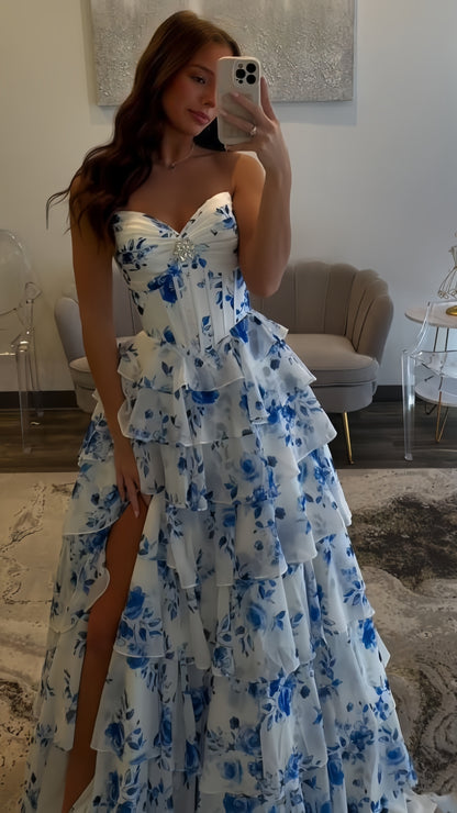 Sweetheart Blue White Floral Chiffon Ruffle Prom Dress Long Evening Party Dress, LTP3655
