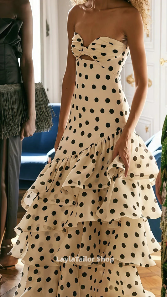 Free Shipping Available White Black Polka Dots Prom Dress - Sweetheart Ruffle Chiffon Sheath Gown