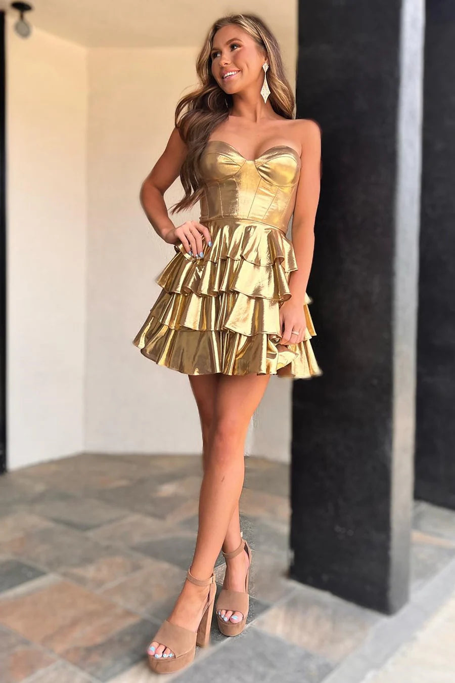 Sweetheart Gold Sleeveless Homecoming Dresses With Ruffle Skirt, LTP3279