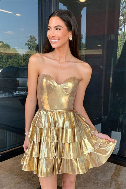 Sweetheart Gold Sleeveless Homecoming Dresses With Ruffle Skirt, LTP3279