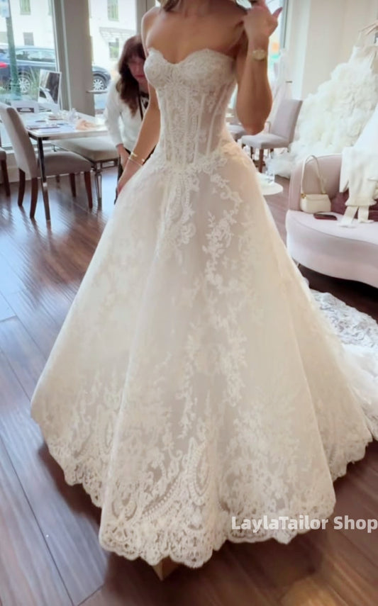 Sweetheart Ivory Lace A-line Bridal Dress Drop Waist Wedding Dresses,LTP3644
