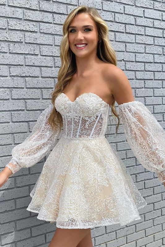 Sweetheart Ivory Lace Homecoming Dresses 3/4 Sleeves Mini Party Gown, LTP3170