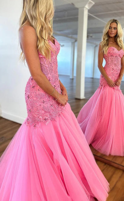 Sweetheart Lace Beaded Pink Prom Dresses Long Birthday Dress