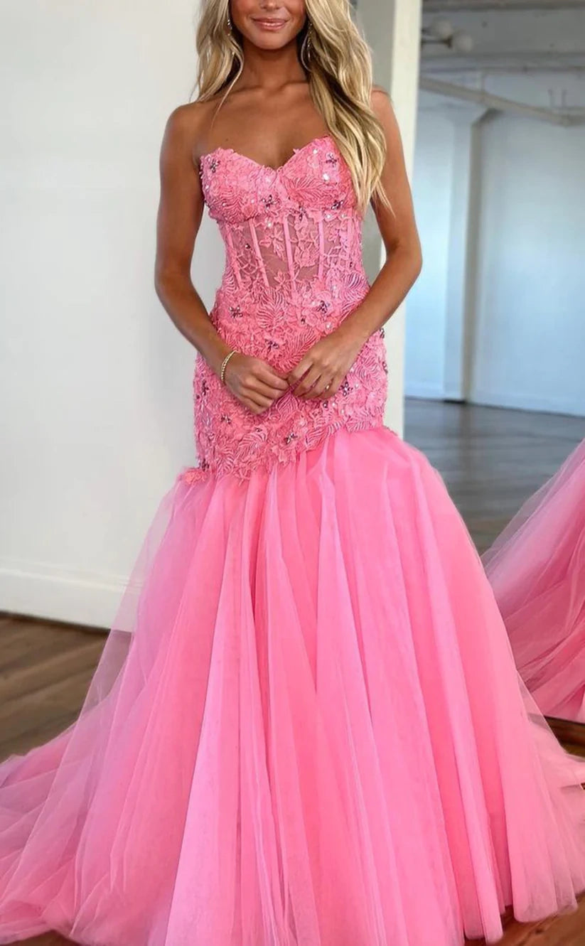 Sweetheart Lace Beaded Pink Prom Dresses Long Birthday Dress