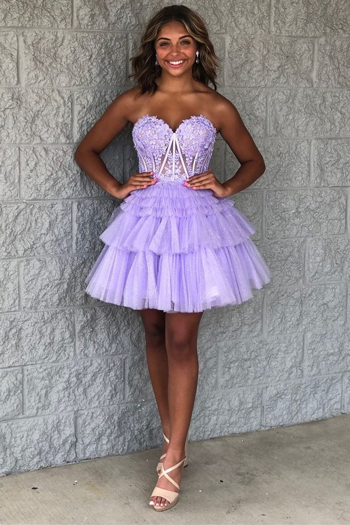 Sweetheart Lace Tiered Homecoming Dresses Tulle Junior Hoco Dress, LTP3193