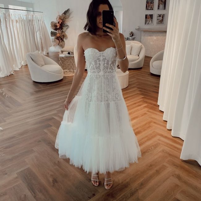 Sweetheart Lace White Homecoming Dresses Tea Length Prom Dresses, LTP3187