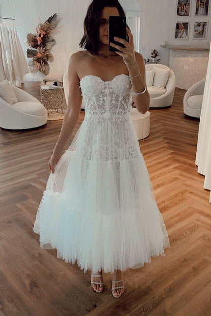 Sweetheart Lace White Homecoming Dresses Tea Length Prom Dresses, LTP3187