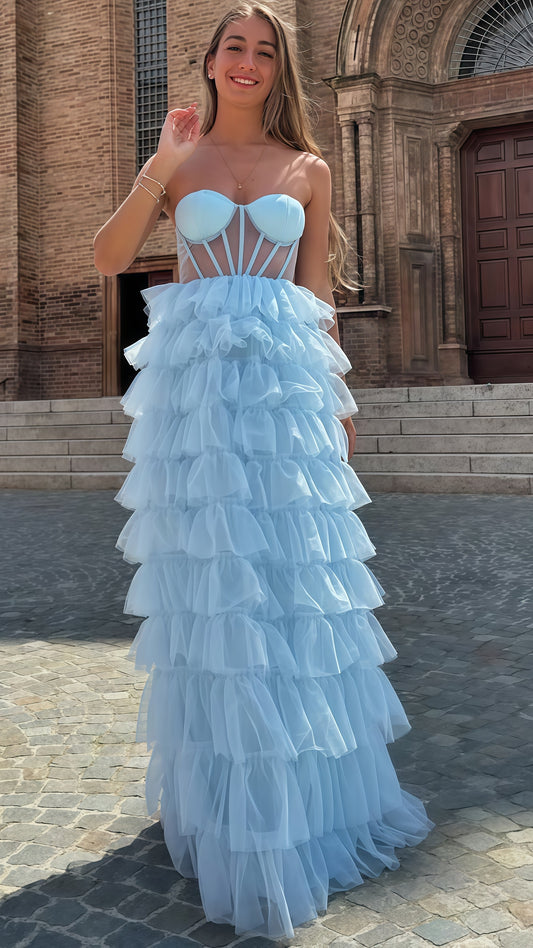 Sweetheart Light Blue A-Line Prom Dress, Ruffle Evening Dress, LTP3719