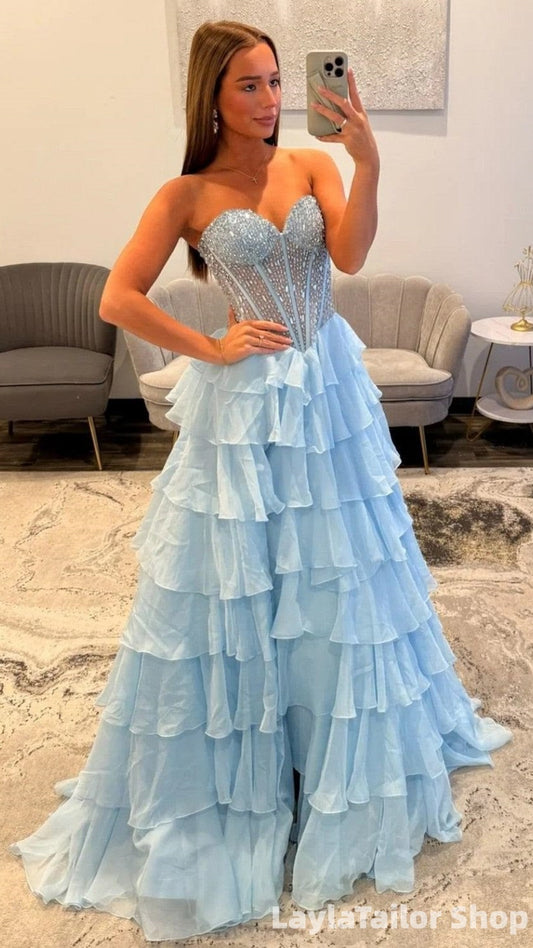 Sweetheart Light Blue Chiffon Ruffle Prom Dresses Beads Formal Dress,LTP82794