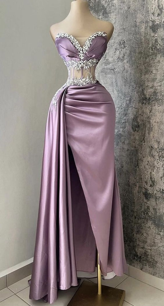 Sweetheart Lilac Rhainstone Beaded Long Prom Dresses With Side Slit