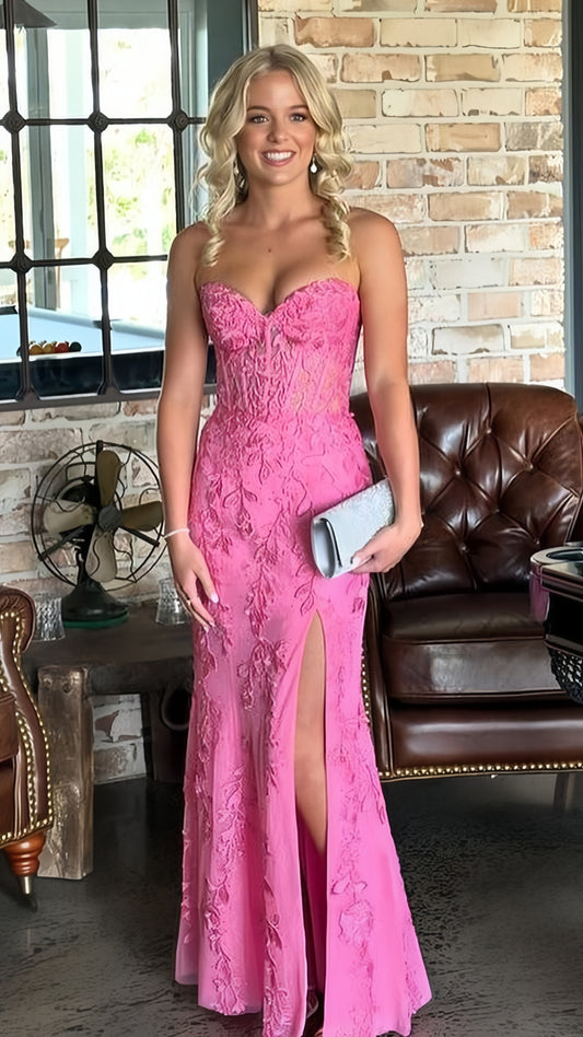 Sweetheart Mermaid Lace Prom Dress, Pink Sleeveless Party Gala Dress, LTP3740