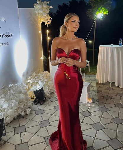 Sweetheart Mermaid Red Satin Long Prom Dresses, LTP3210