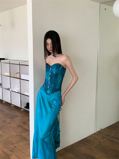 Two Pieces Sweetheart Peacock Blue Silk Satin Prom Dress Summer Party Dresses, LTP2937