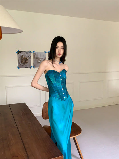 Two Pieces Sweetheart Peacock Blue Silk Satin Prom Dress Summer Party Dresses, LTP2937