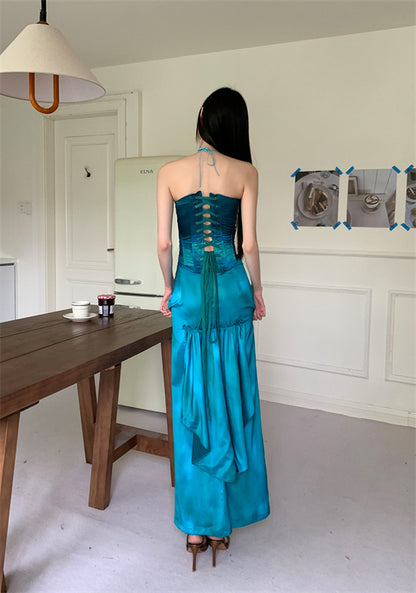 Two Pieces Sweetheart Peacock Blue Silk Satin Prom Dress Summer Party Dresses, LTP2937