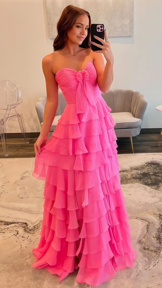 Sweetheart Pink Ruffle Prom Dress, A-Line Sleeveless Evening Dress, LTP3718