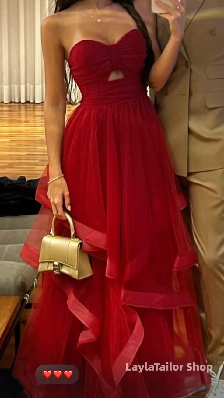 Sweetheart Red A-Line Tulle Prom Dresses,LTP4585