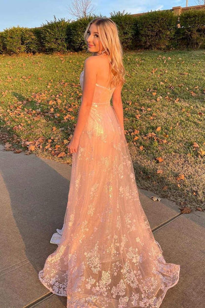 Sweetheart Rose Gold Sequin Long Prom Dress With Lace Train