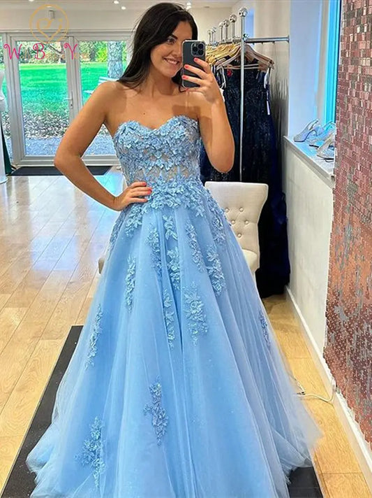 Sweetheart Sky Blue Floral A-Line Evening Prom Dress